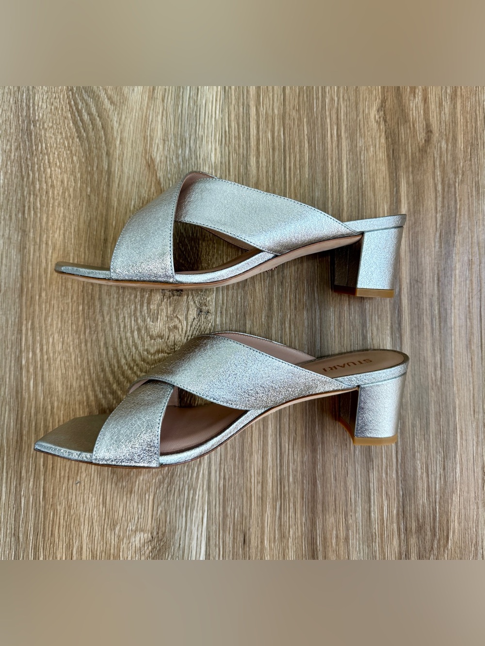 Stuart Weitzman Metallic Silver Leather Crisscross Block Heel Sandals Size 8.5 - Picture 5 of 7